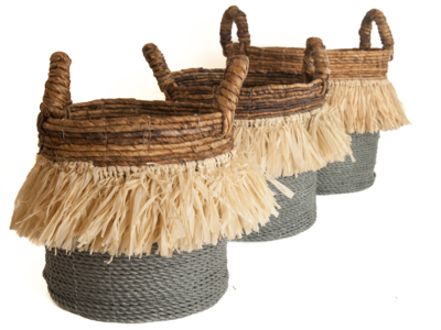 Gevlochten mand natural/grijs, zeegras en raffia