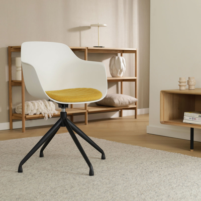 Nola-Liz zwart draaibare eetkamerstoel - Witte zitting met armleuningen (incl. zitkussen)