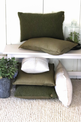 Kussen bouclé linnen knoop olijf rechthoek