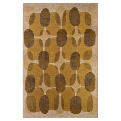 Geel tapijt met willekeurige, ronde vormen en een "Café" bonenmotief