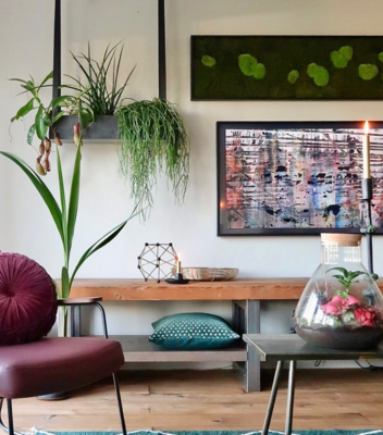 Plantenbak - aan leren banden (Zwart staal)