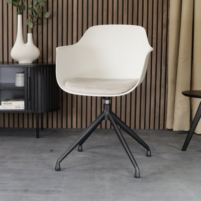 Nola-Liz zwart draaibare eetkamerstoel - Witte zitting met armleuningen (incl. zitkussen)