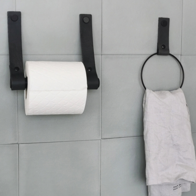 Leren toiletrolhouder (roldrager: zwart metaal)