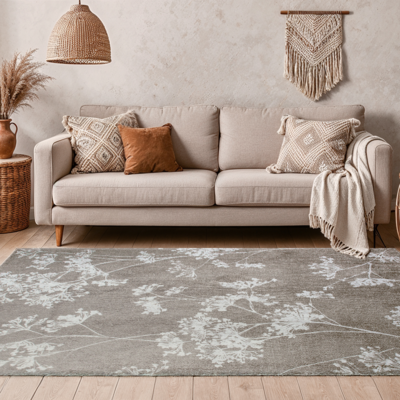 Parsley grijs bloementapijt met elegant wit bloempatroon