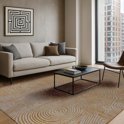 Geometrisch Geel vloerkleed Tabasco met cirkels en labyrinten in goudgeel