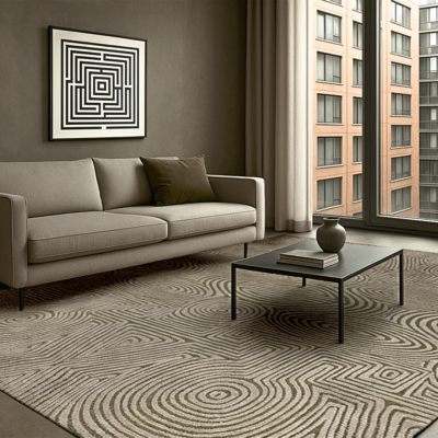 Geometrisch groen vloerkleed Tabasco met cirkels en labyrinten in goudgeel