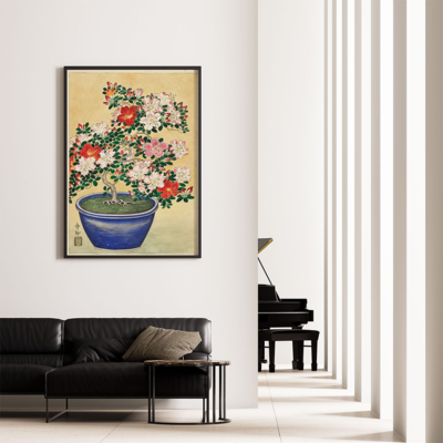 Poster Ohara Koson - Blooming Azalea in Blue Pot