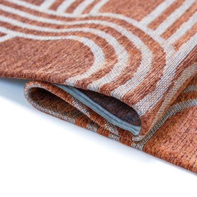 Vloerkleed Disco rood met geometrische lijnen en cirkels