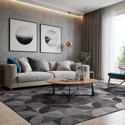 Grijs en zwart Rondo grafisch vloerkleed met abstract bladermotief