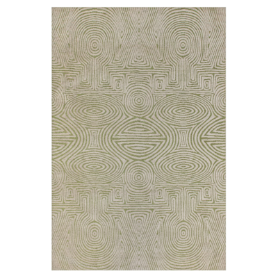 Geometrisch groen vloerkleed Tabasco met cirkels en labyrinten in goudgeel