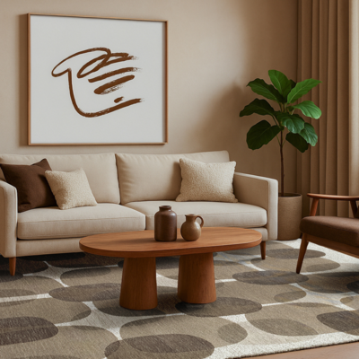 Grijs tapijt met willekeurige, ronde vormen en een "Café" bonenmotief