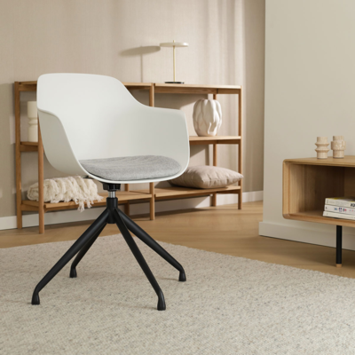 Nola-Liz zwart draaibare eetkamerstoel - Witte zitting met armleuningen (incl. zitkussen)