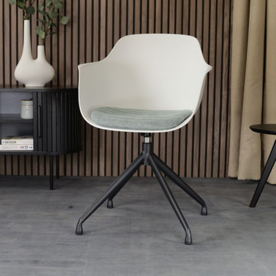 Nola-Liz zwart draaibare eetkamerstoel - Witte zitting met armleuningen (incl. zitkussen)