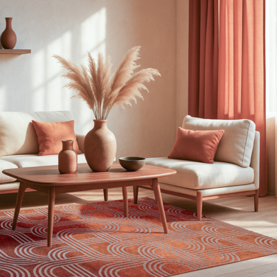 Vloerkleed Disco rood met geometrische lijnen en cirkels