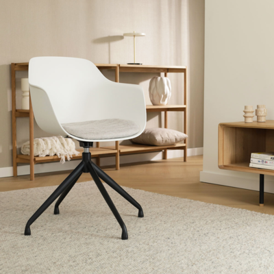 Nola-Liz zwart draaibare eetkamerstoel - Witte zitting met armleuningen (incl. zitkussen)