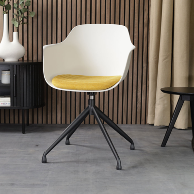 Nola-Liz zwart draaibare eetkamerstoel - Witte zitting met armleuningen (incl. zitkussen)