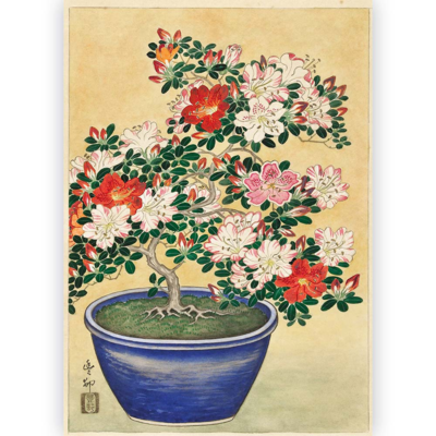 Poster Ohara Koson - Blooming Azalea in Blue Pot